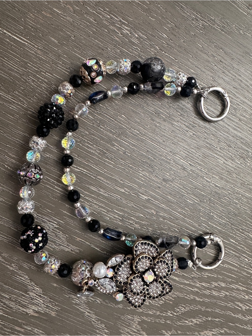 Beaded Black Crystal Floral Statement bag charm - Unbranded